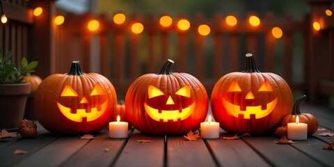 Wall Mural - Three carved pumpkins with lit candles on a wooden deck, bathed in warm light,with three carved pumpkins arranged in a horizontal row.  Background with halloween pumpkins, candles and autumn leaves