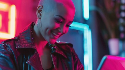 Poster - a woman sits at a table wearing a leather jacket, focused on her laptop