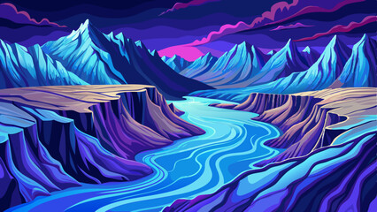 Polar Region Rugged arctic coastline with ice floes under cold blue hues at twilight, Simple cartoon design Flat style vector illustration, beautiful purple sky
