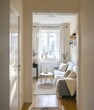 © AcikLens - Narrow hallway with seating nook and soft natural lighting