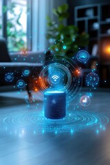 Wall Mural - a smart speaker is shown in a room with a blue background