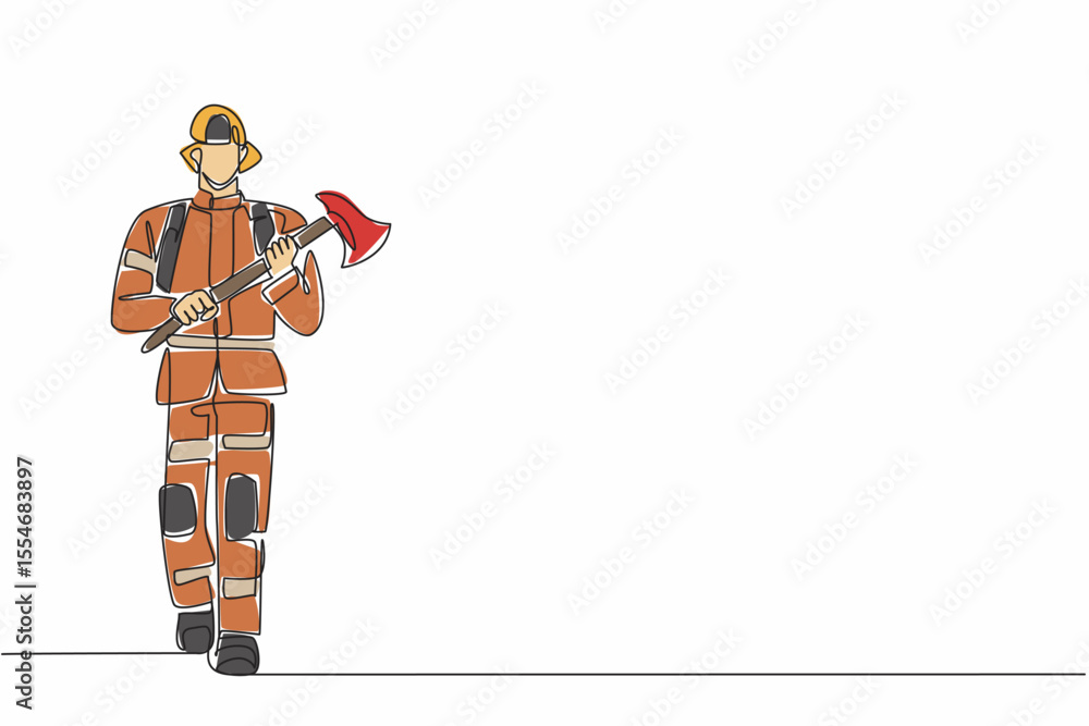 Single continuous line drawing firefighter in full uniform walking ...