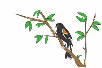 Wall Mural - single continuous line drawing red winged blackbird perched on a tree branch with leaves. beautiful 