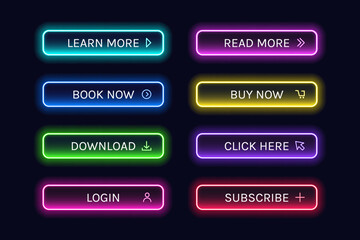 Trendy glowing neon button set for web design. Bright UI elements on dark background vector
