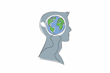 Wall Mural - continuous one line drawing the head of a young man with a globe in the middle of his head. taking s