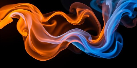 Wall Mural - Abstract swirling blue and orange smoke wisps on a black textured background,  flow,  fantasy