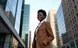 © liu - African business woman in brown leather jacket standing at city street with skyscrapers. High quality
