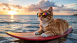 © tilialucida - Orange tabby cat wearing sunglasses relaxing on a surfboard during sunset over the ocean