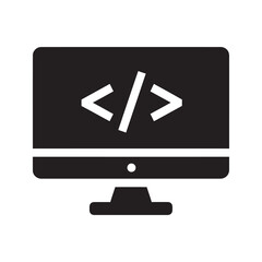 Web development icon with code on a computer screen representing programming software engineering and website design for front end creation vector solid glyph icon