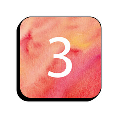 Wall Mural - Number Three Watercolor Button: A vibrant watercolor wash in shades of orange and pink forms the background of this square button, with the number three prominently displayed in white.