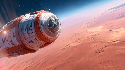 Wall Mural - futuristic spacecraft flying low over rocky red martian terrain with starry sky background. detailed