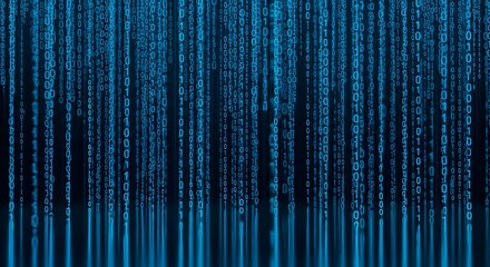 Abstract blue binary code lines create a digital striped backdrop with a bright, vertical gradient design for a technological wallpaper