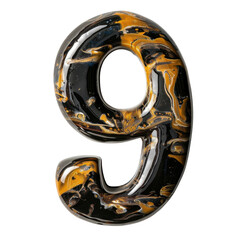 Wall Mural - Glossy number nine with marbled design in black and gold tones, showcasing modern and artistic style