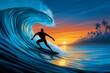 © ZaStock - Surfer glides through a vibrant wave tunnel amid sunrise glow. Calm ocean setting with silhouettes of palm trees in background. Concept of adventure, water sports, outdoor lifestyle
