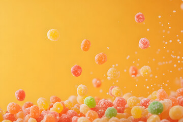 Wall Mural - sugary candy balls splashing on orange background, macro shot