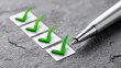 © vatcharapong - project management execution assessment. Checklist with green ticks next to a silver pen on a textured surface.