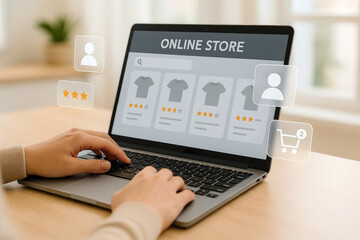 Person browsing online clothing store on laptop online store shopping
