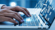 © 35mm STUDIO - Hands Typing on Laptop Keyboard with Digital Interface, Cyber Technology Concept, Online Data Network, Cloud Computing