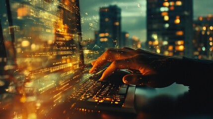 Person working late on a laptop at night in a city