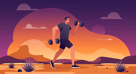 A muscular man is engaged in a fitness routine, lifting dumbbells against a vibrant desert backdrop, perfect for a landing page promoting health and wellness programs.