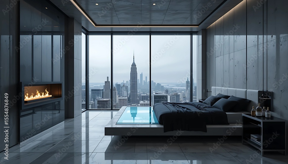 Futuristic penthouse interior with smart glass windows, infinity tub ...