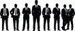 © Titan - Silhouette illustration of business men in formal suits, standing confidently in various poses, isolated black vector on white background