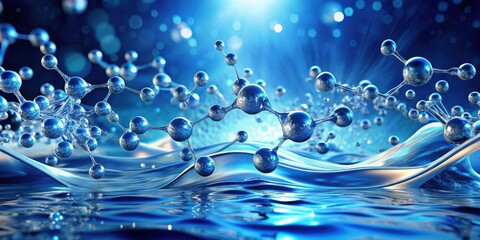 Wall Mural - abstract molecular structures floating on a serene blue liquid surface, reflecting light and illustr