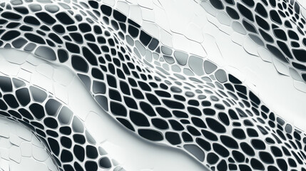 Abstract futuristic black and white honeycomb pattern with flowing waves and three dimensional surface design
