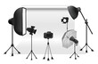 © lembergvector - Modern photography studio setup with camera, lighting, softboxes, umbrella, and backdrop ideal for commercial shoots, portraits, and creative projects isolated on white background vector illustration