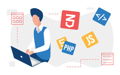 people developer create code, programming web language with icons vector illustration. cartoon progr