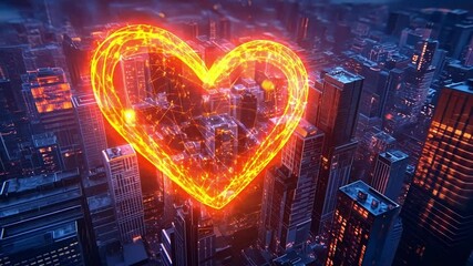 Wall Mural - Hovering above a futuristic cityscape at night, a large, glowing digital heart radiates warmth, embodying themes of love, connection, and the essence of the digital age
