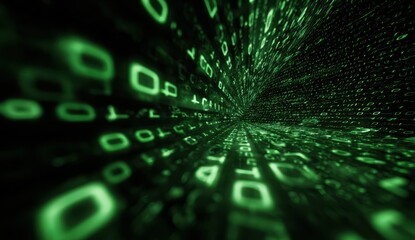 Green digital code tunnel, data stream, futuristic background, tech concept