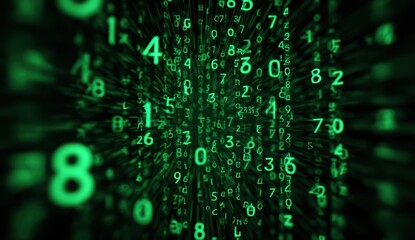 Green digital numbers radiating, dark background, data stream, tech concept
