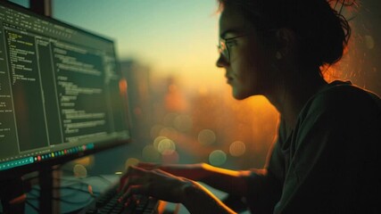 Code Weaver: A focused female coder engrossed in writing intricate code on a dual monitor setup, capturing the intensity of modern technology, coding and the digital realm.