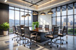 © Dwip - Modern Executive Boardroom: Panoramic City View, Dark Wood Table, Sleek Black Leather Chairs, Ambient Lighting, Contemporary Office Design.