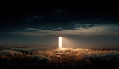 luminous doorway in dark field, hope concept