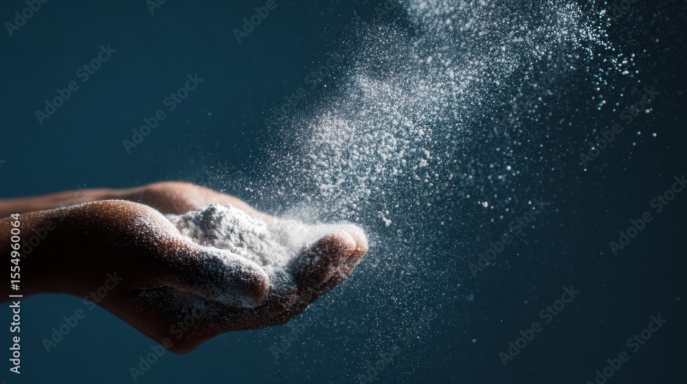 Powder In Air Hand releasing white powder in air against dark blue background with ...