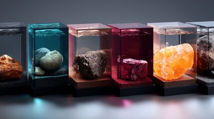 Transparent cubes filled with colorful minerals and stones on glossy white shelf for display