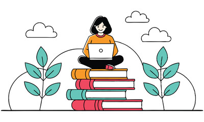 A smiling woman sits cross legged on a stack of colorful books using a laptop with stylized plants and clouds in the background representing learning and technology
