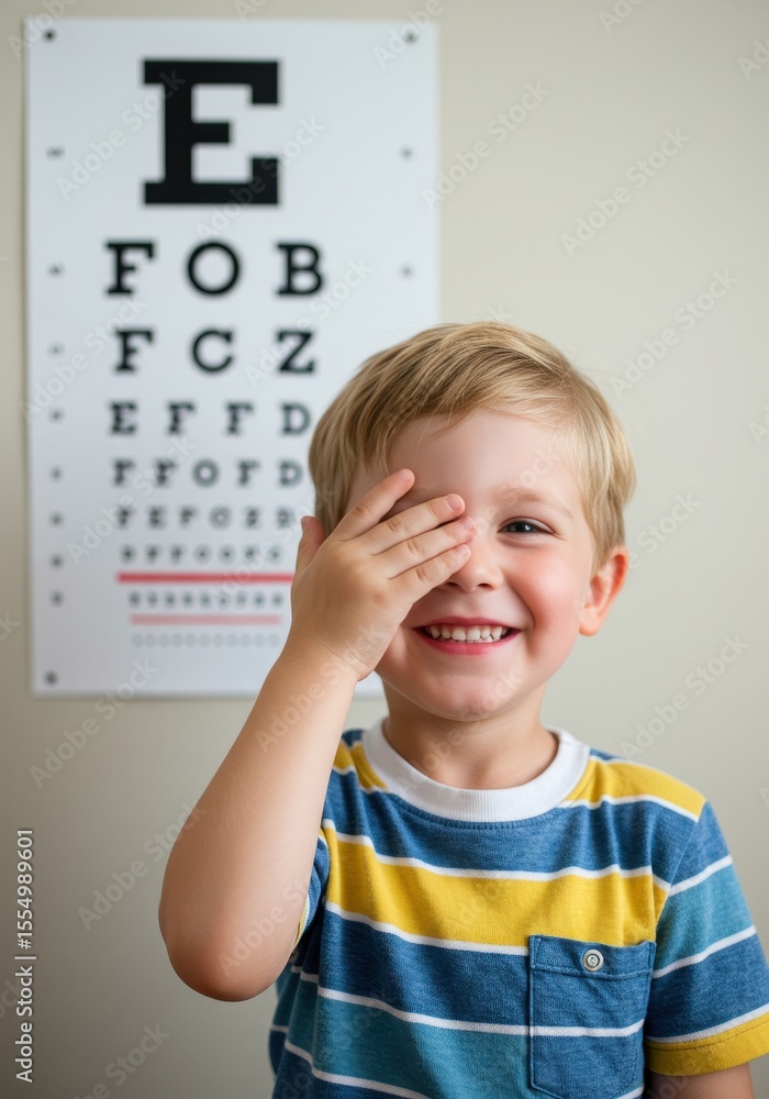 smiling young boy covering one eye standing in front of chart in ...