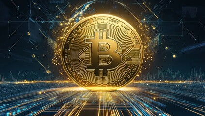 Wall Mural - the earth is surrounded by a golden bitcoin logo, with a cyberpunk-style background featuring glowin
