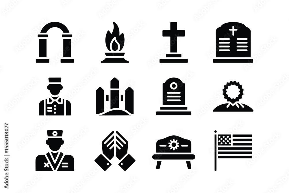 Funeral memorial symbols including archway cross tombstone and praying ...