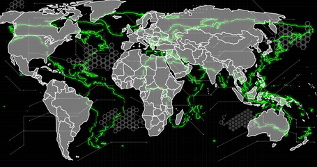Canvas Print - image of world map with green digital network lines and hexagonal patterns