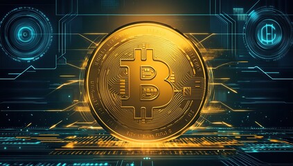 Wall Mural - the earth is surrounded by a golden bitcoin logo, with a cyberpunk-style background featuring glowin