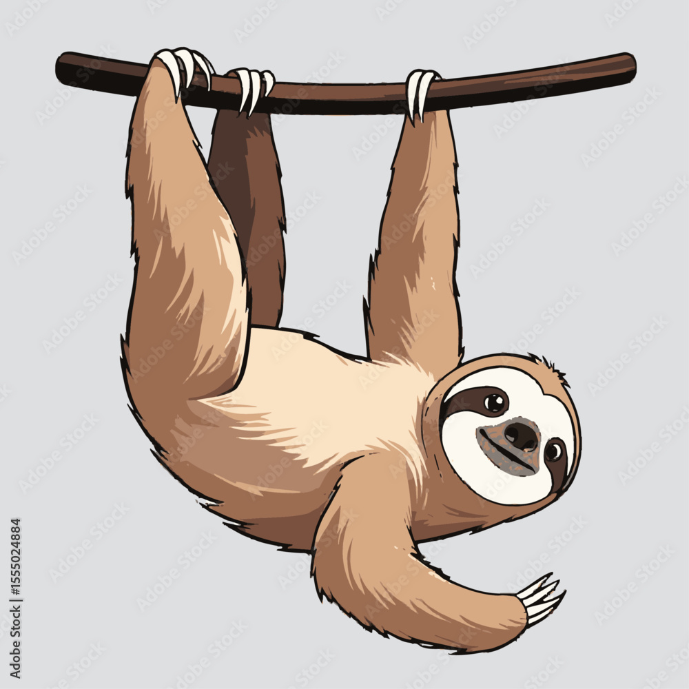A cartoon sloth hangs upside down from a brown branch with its claws ...