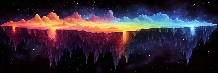 Wall Mural - A floating island with colorful clouds and stalactites in a starry space background art illustration