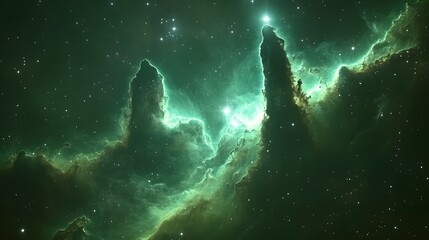 Wall Mural - A view of the pillars of creation with green nebula and stars in outer space and dark background