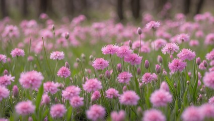 Pink flowers in a field with lush green grass and trees in the background. Nature, blooming, summer, and garden.
