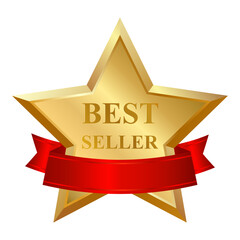 Wall Mural - realistic gold star best seller with red satin silk ribbon. element, icon with metallic effect for a