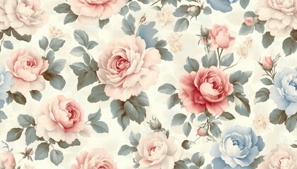  Seamless Vintage Chintz Floral Pattern with Pastel Roses and Peonies in Soft Cottage Core Style
